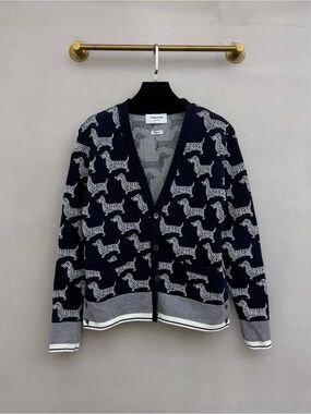 Thom Browne Navy and White Dog Jacquard V-Neck Cardigan